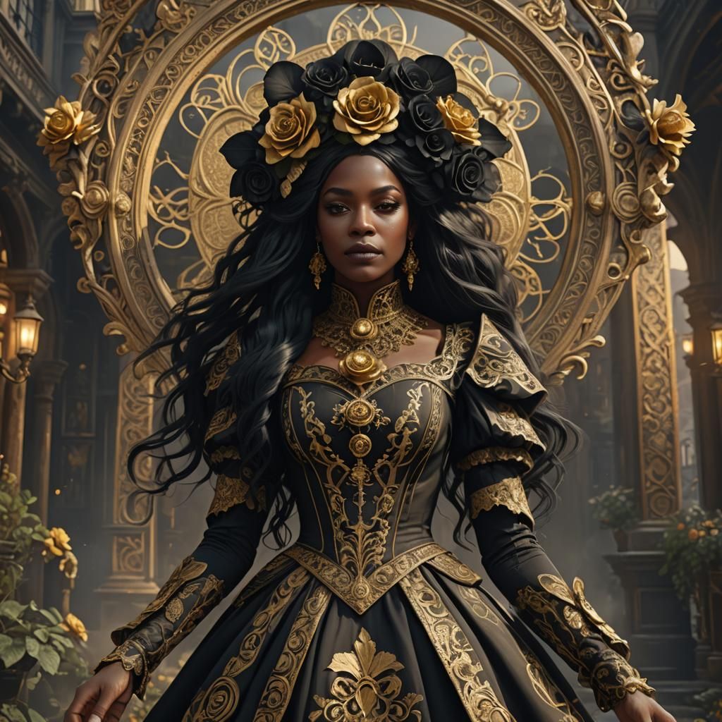 Black Woman in Victorian Dress with Rose Mask