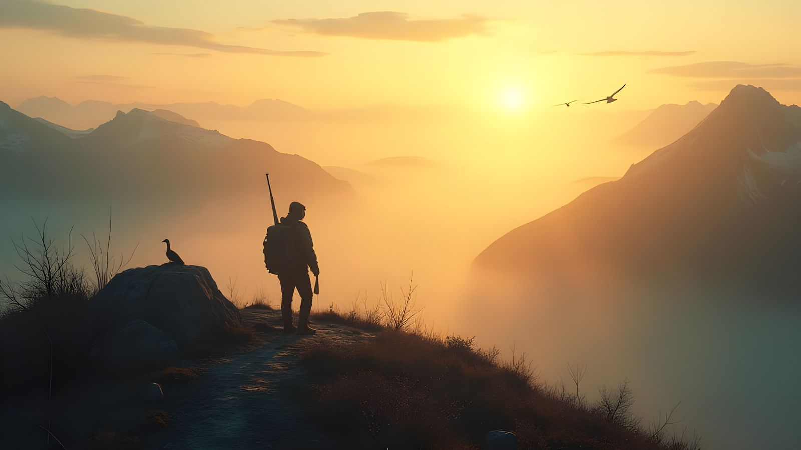 Nordic Mountain Landscape with Traveler at Dawn