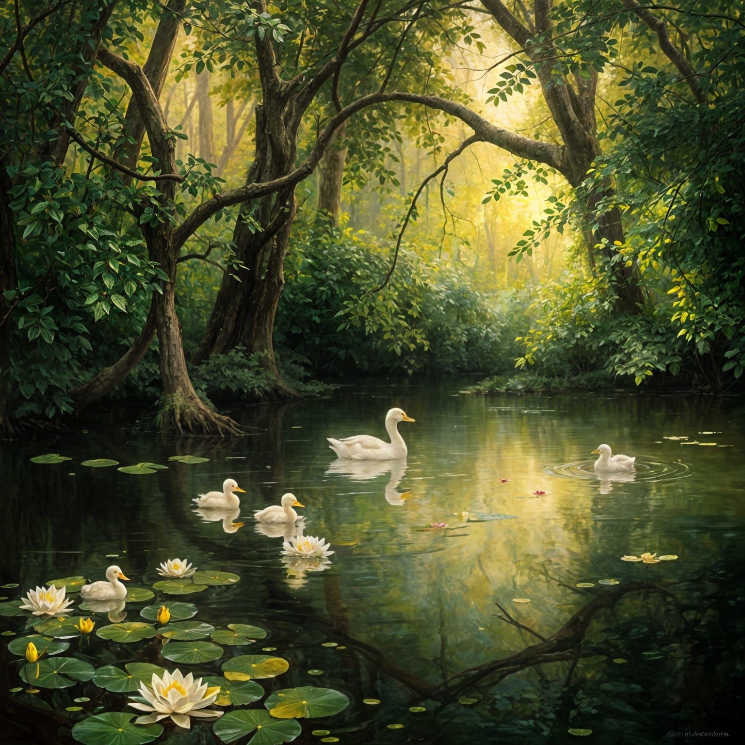 Impressionistic Forest Pond with Ducks in Sunlight