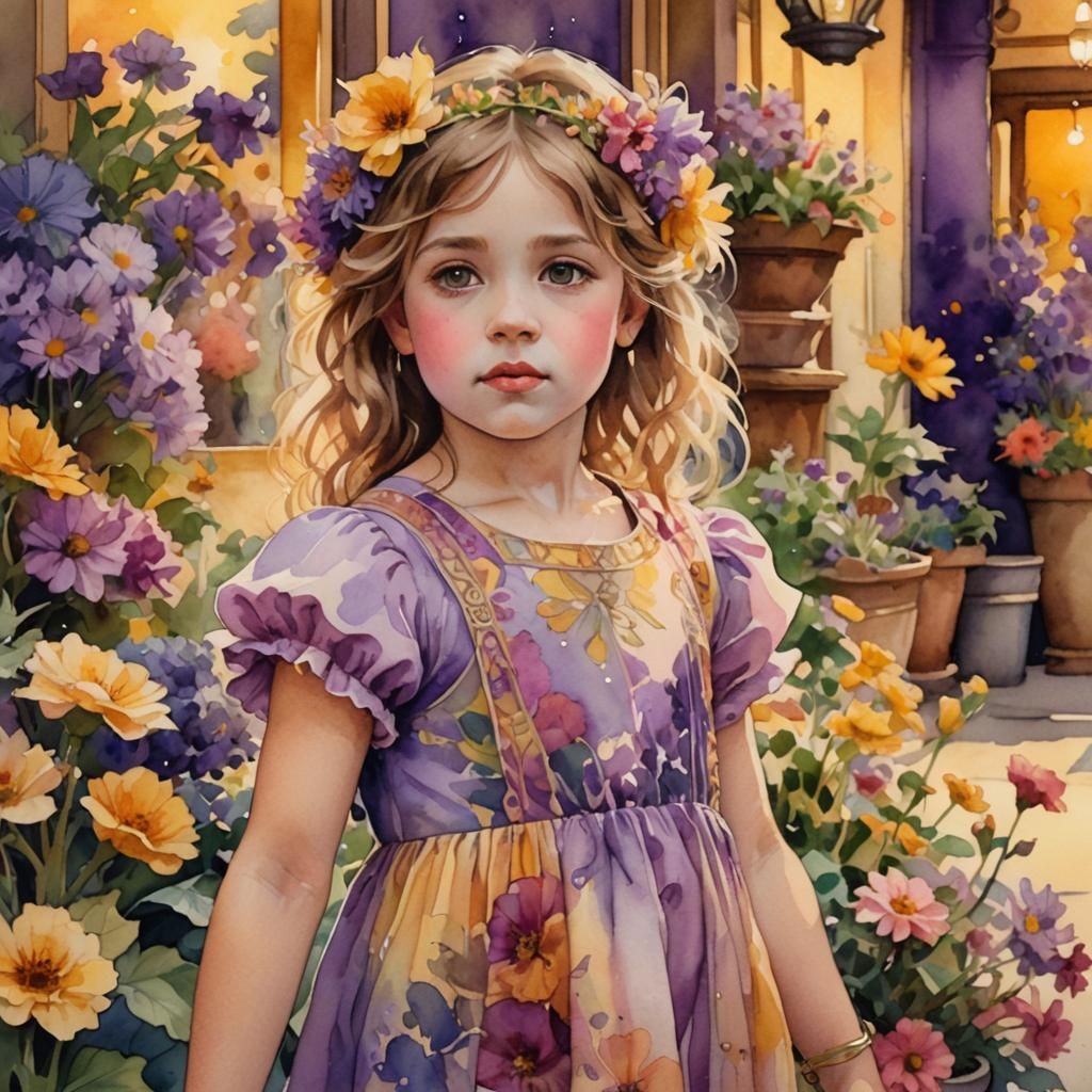 Child in Flower Shop: Alphonse Mucha-Style Watercolor