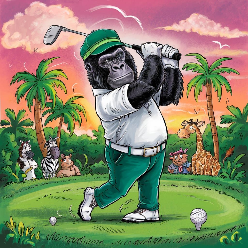 Gorilla Golfer on Tropical Course at Sunset