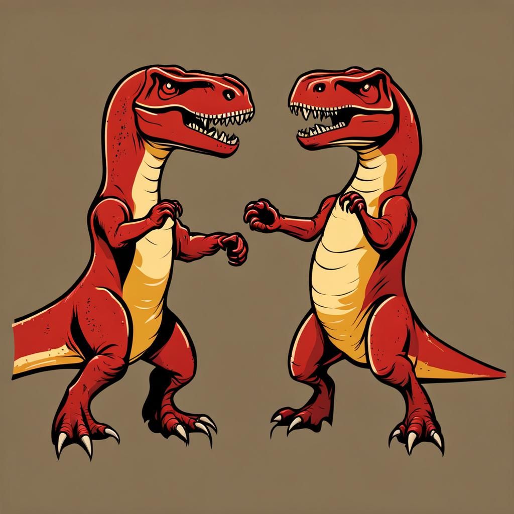 Two T-Rexes Boxing in Cave Painting Style