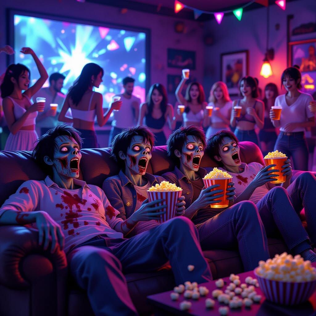 Zombies Watching Movie on Couch in Vibrant Anime Style