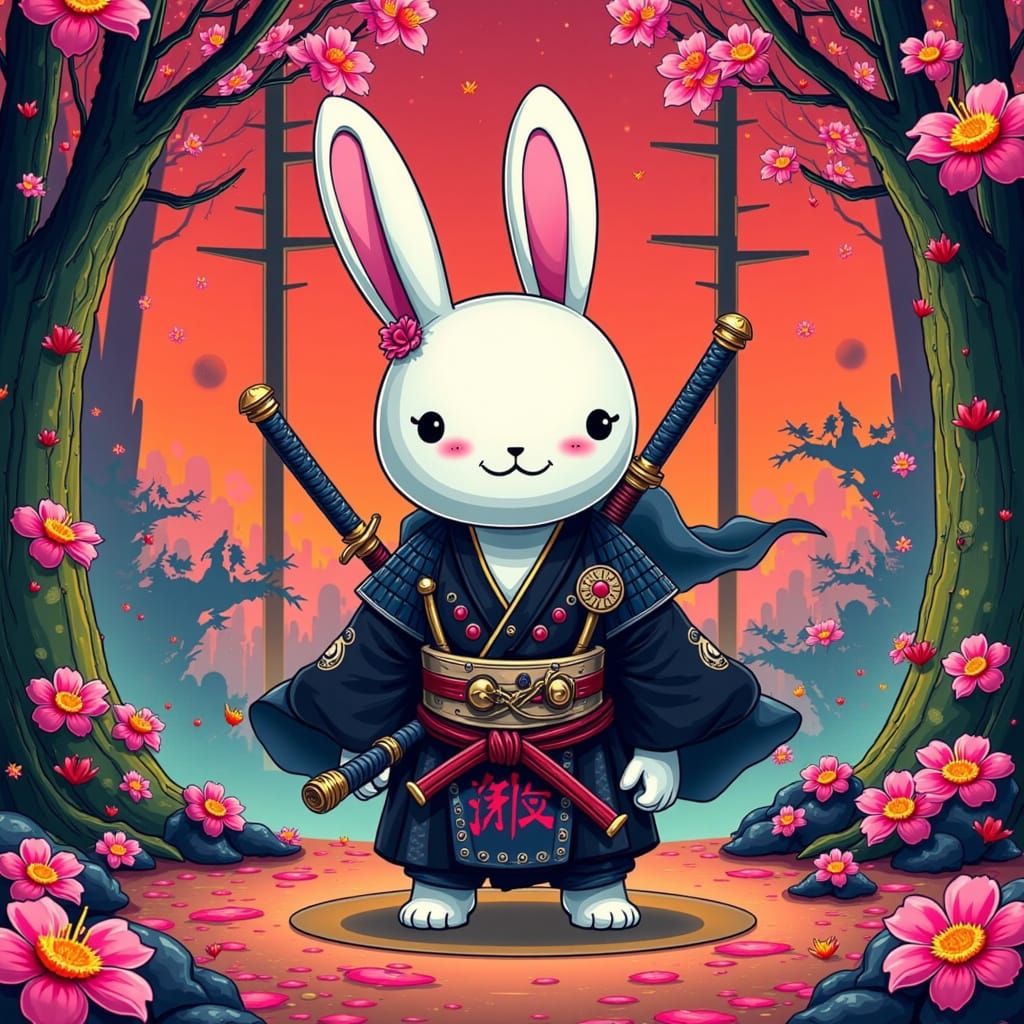 Cartoon Bunny Samurai in Whimsical Dojo, Murakami Style
