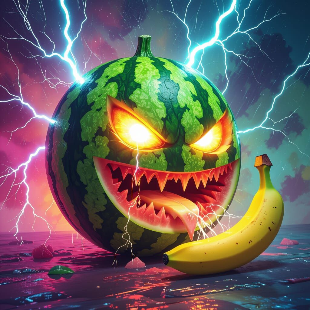 Hyperrealistic Watermelon God Devouring Banana