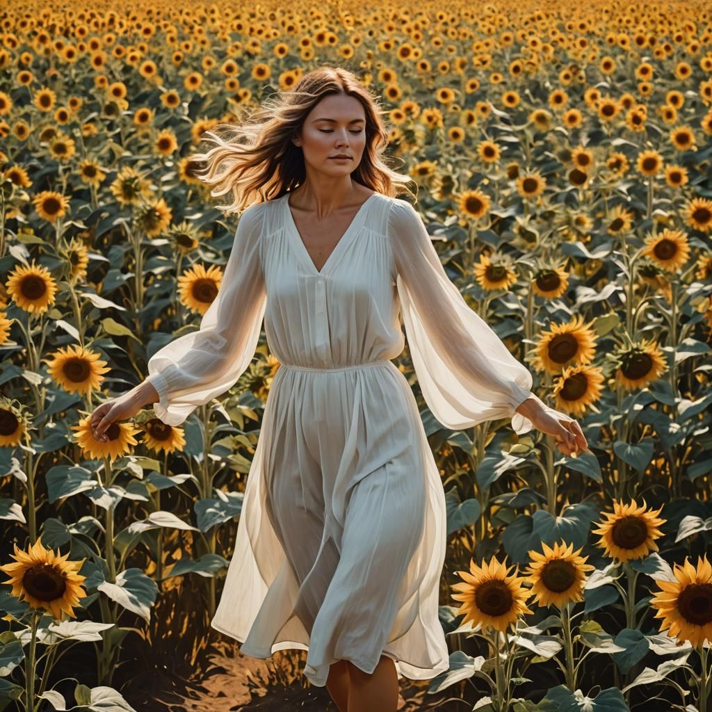 Woman in White Dress Walking Through Sunflower Field