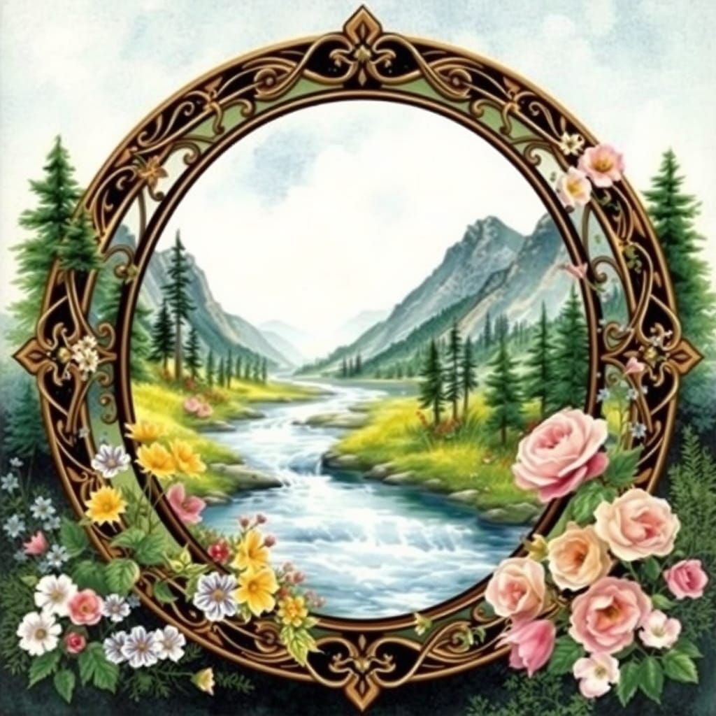 Ethereal Watercolor Scene with Mountains and Lush Greenery