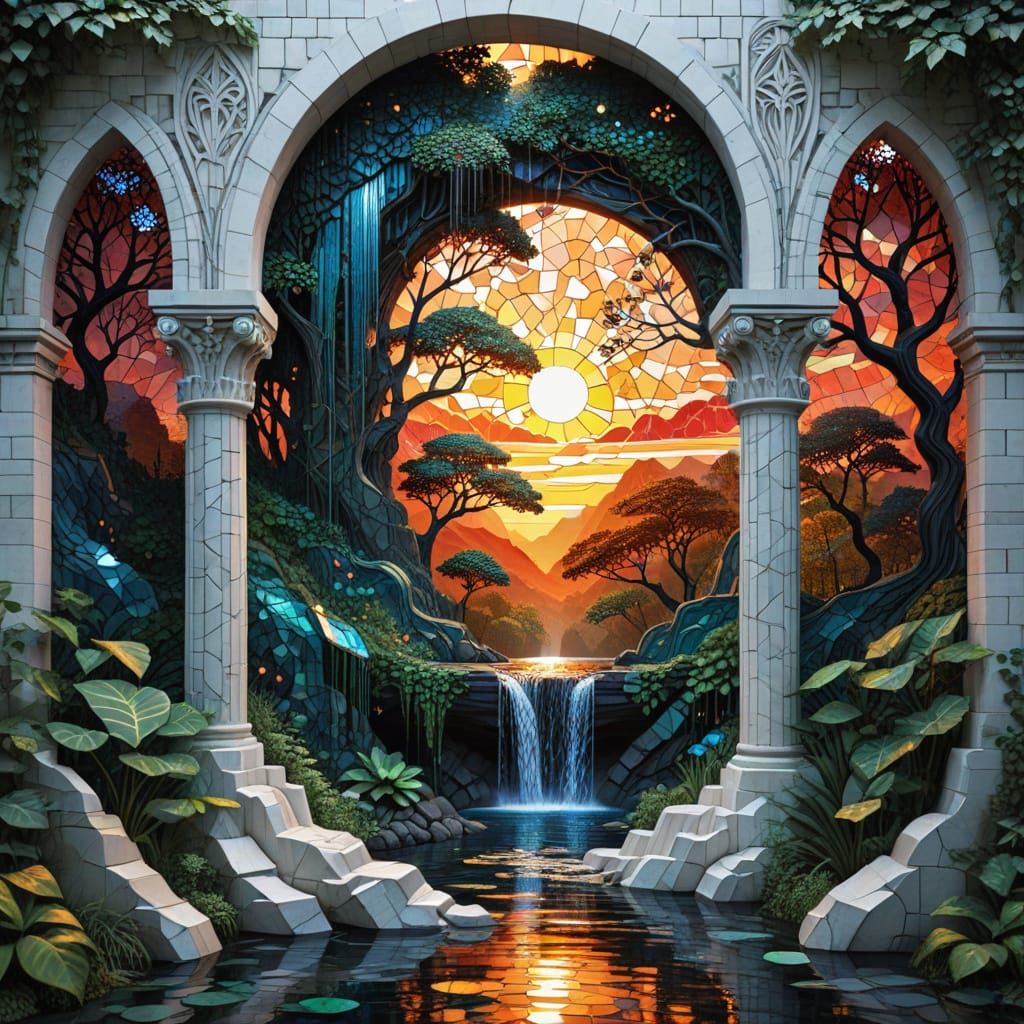 Geometric D&D Waterfall Sunset in Gothic Style