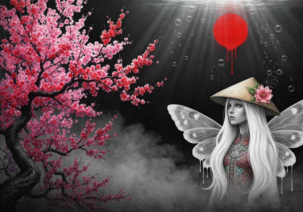 Underwater Fairy with Cherry Tree, Vintage Art Masterpiece