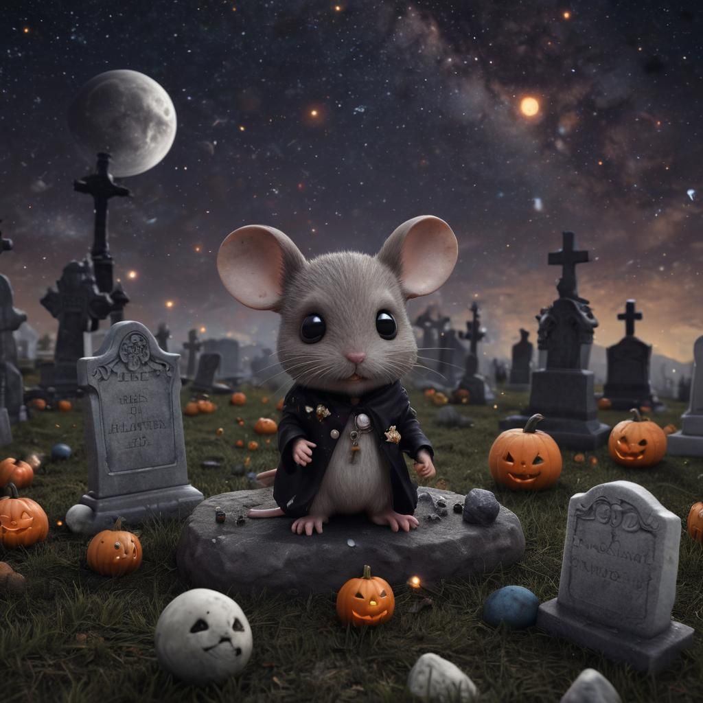 Hyperrealistic Chibi Mouse in Halloween Graveyard
