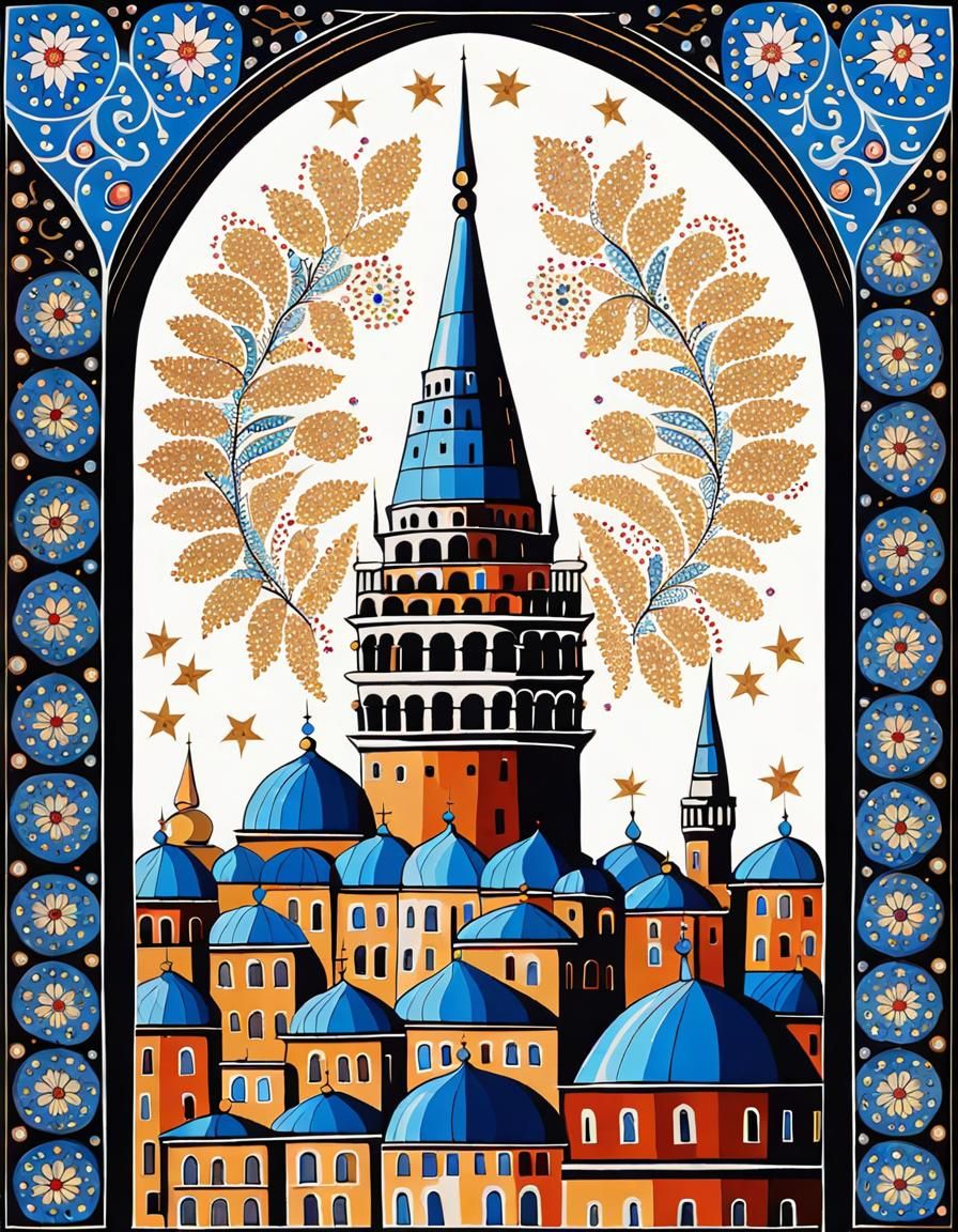 Glittering Galata Tower Silhouette in Folk Art Style