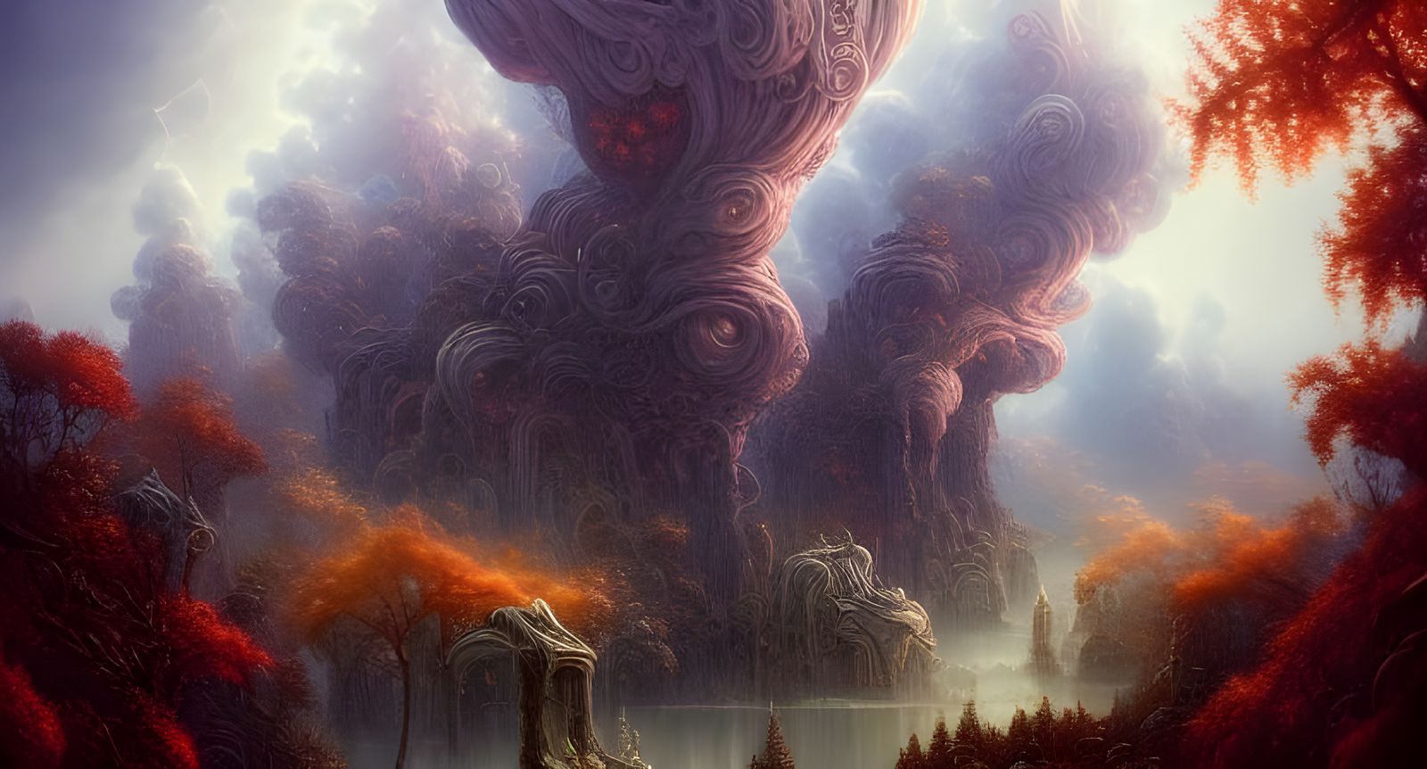 Autumn Fantasy Landscape with Lightning, Digital Art