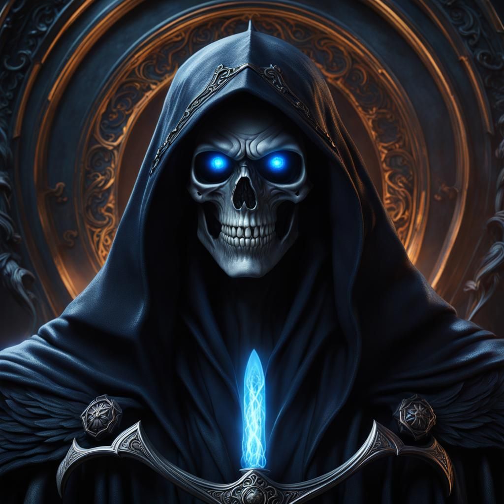 Hyperrealistic Grim Reaper with Glowing Blue Eyes