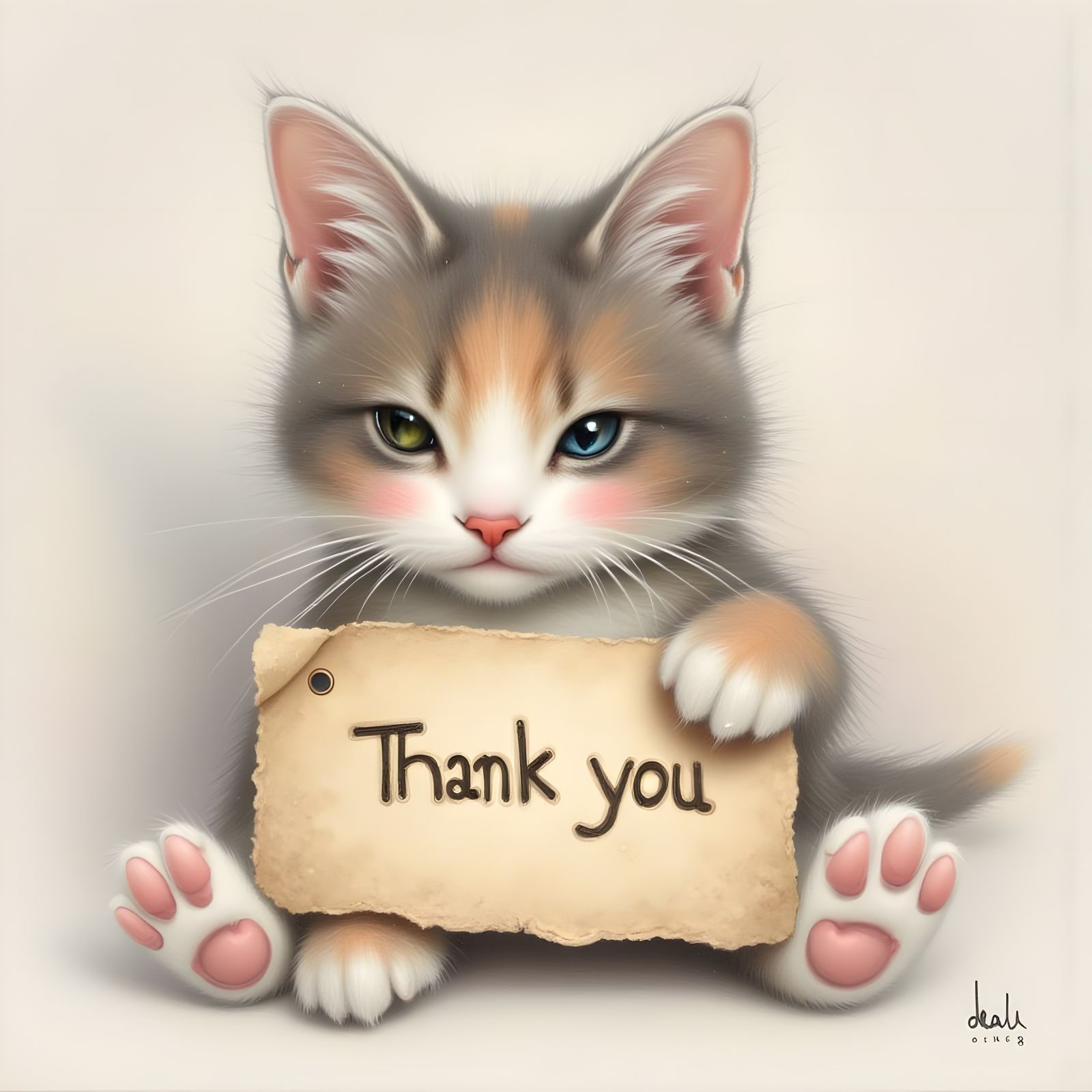 Whimsical Painterly Kitten Holding Thank You Card
