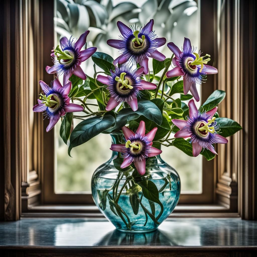 Passion flowers in a glass vase
