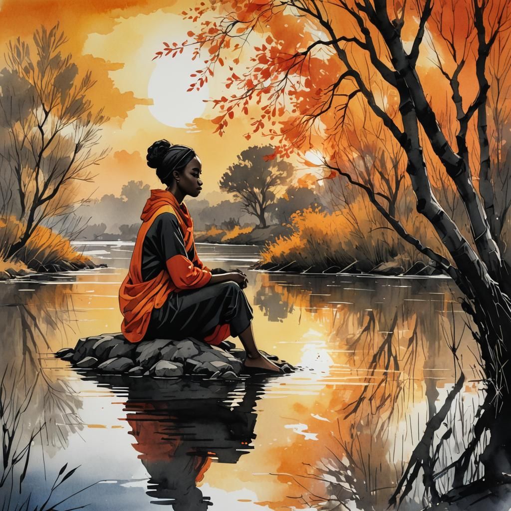 Girl by River: Modern Ink Painting