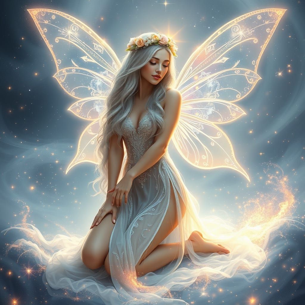 Celestial Fairy Kneels in Cosmic Nebula