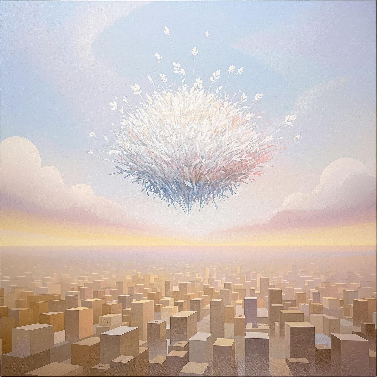 Dreamlike Horizon with Blooming Garden and Blurred Cityscape