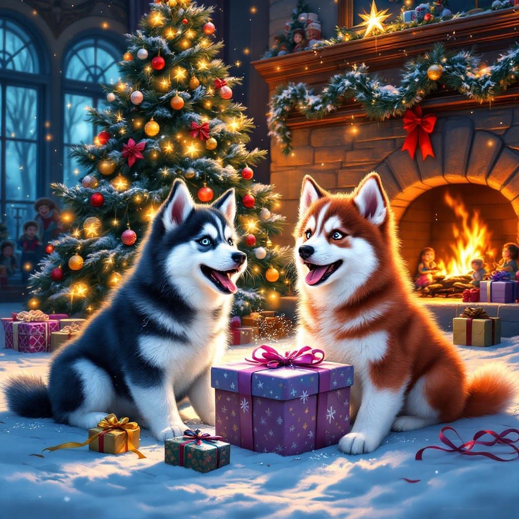 Christmas Husky Puppies Celebrate with Joy and Wonder