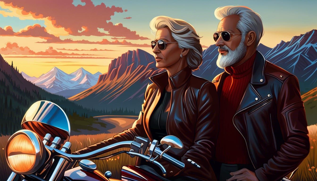 Happy Caucasian motorcycle husband and wife couple on the Highway To The Sun - 5229
