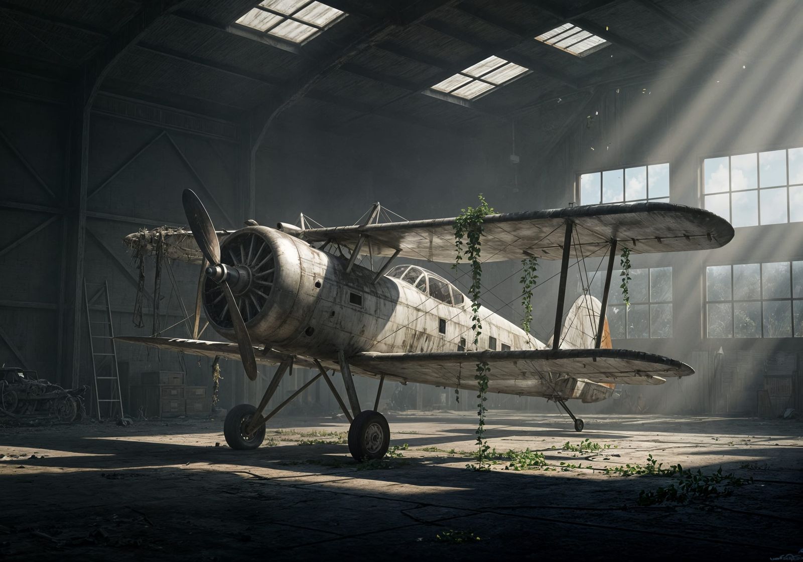 Majestic Biplane in Forgotten Hangar, Hyperrealistic Concept...