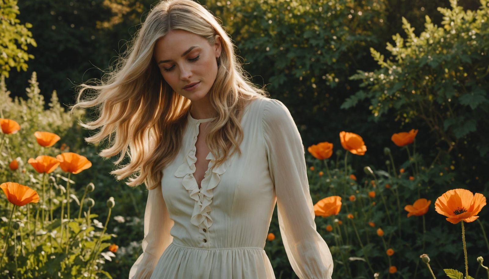 Woman Gently Touching Poppy in Sunlit Garden