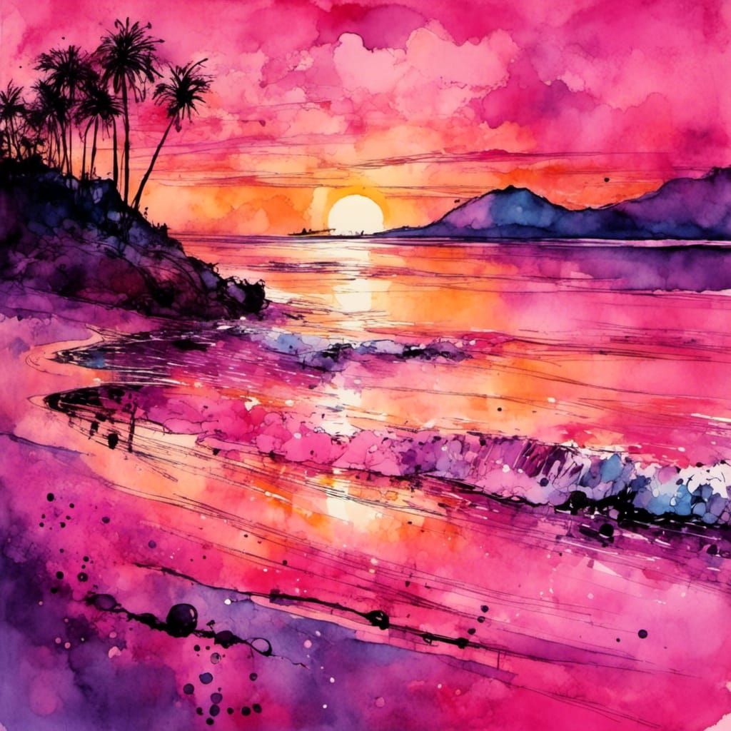 Vibrant Sunset Beach Landscape in Alcohol Ink Style