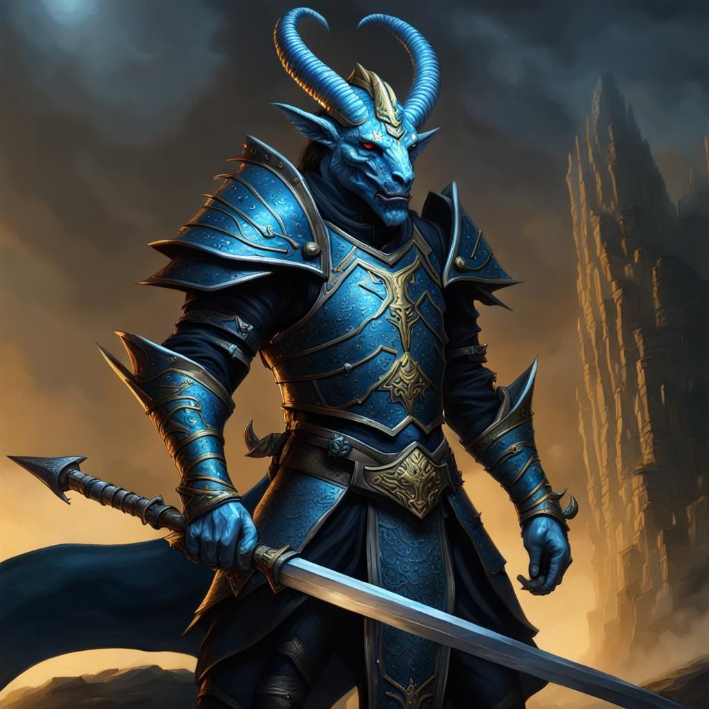 Blue Dragonborn Warrior Concept Art in Dark Fantasy Style