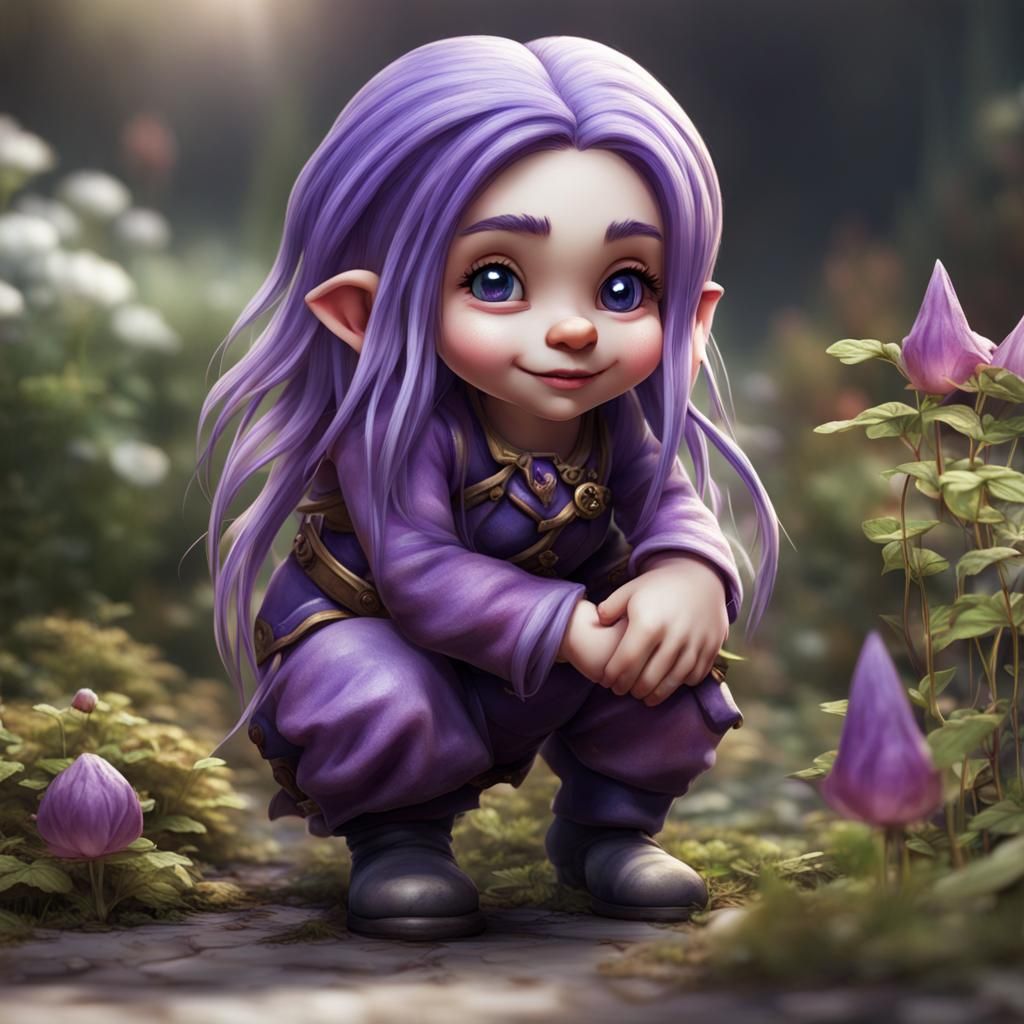 Gnome with Purple Streaks in Garden