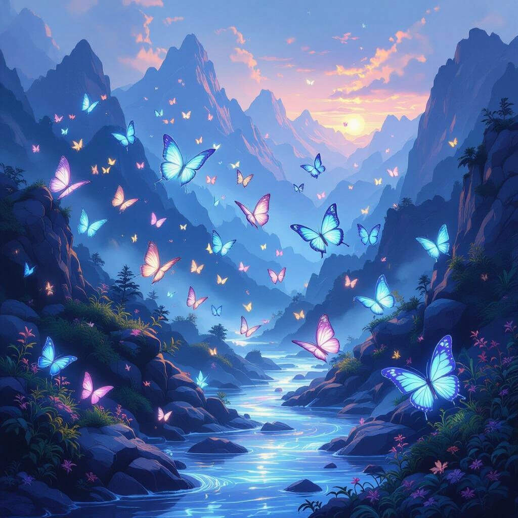 Bioluminescent Butterflies in Misty Mountains at Twilight