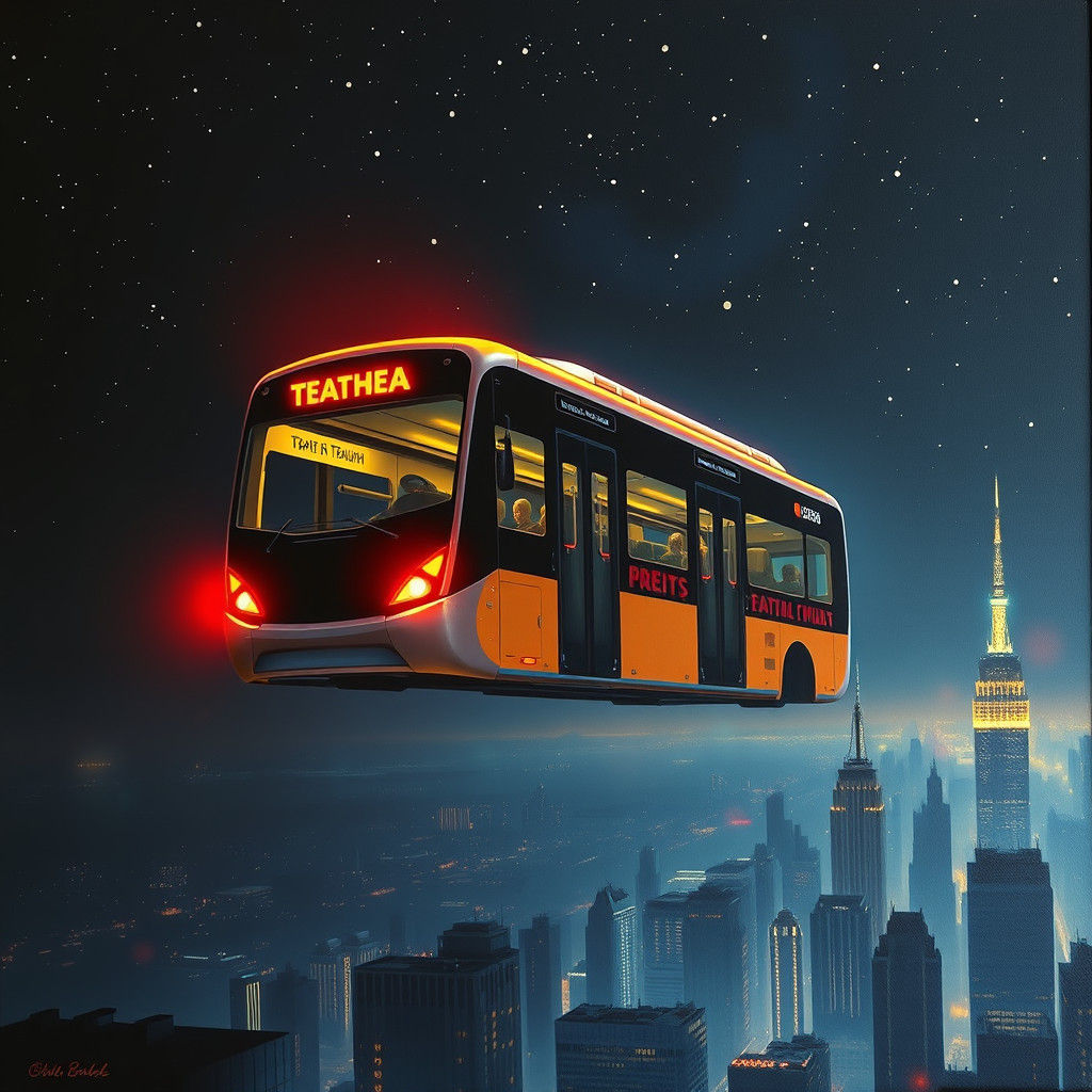 Futuristic Flying Bus in Starry Night Cityscape