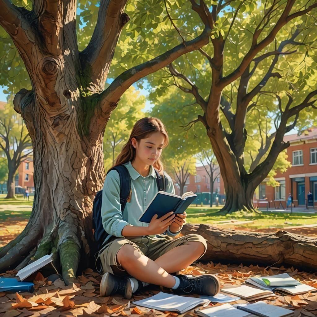 Girl Studying Under a Tree