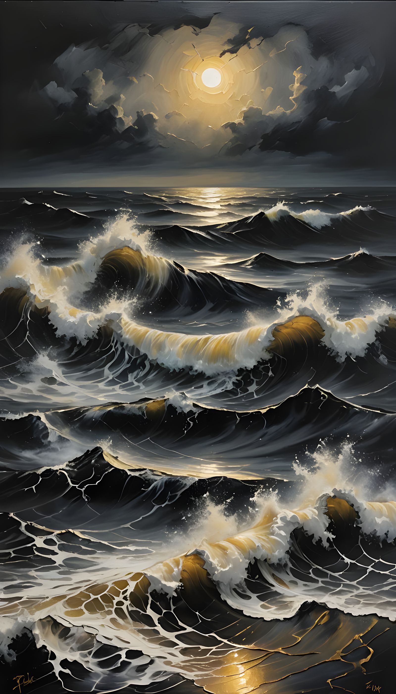Stormy Black Seascape Painting with Golden Highlights