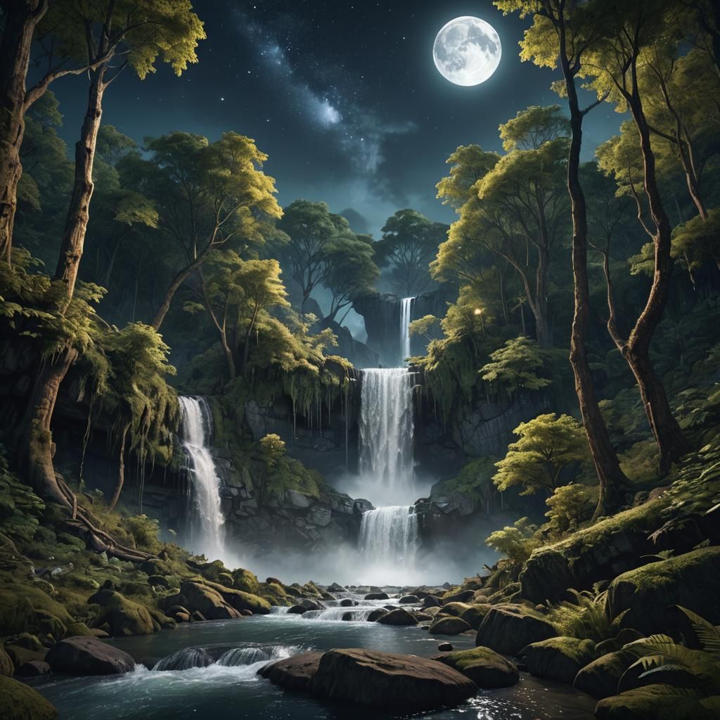 Moonlit Waterfall Matte Painting: Fantasy Forest Scene