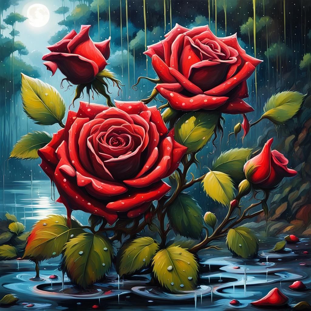 Red Roses Gleaming in Moonlight: Graffiti Art