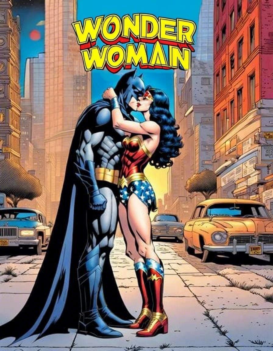 Wonder Woman and Batman Kiss in Comic Art Style