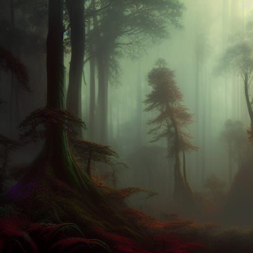 Misty Forest Twilight: Detailed Fantasy Concept Art