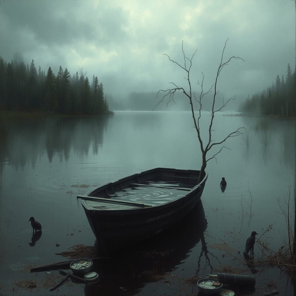 Gothic Portable Toilet Afloat in a Dark Lake