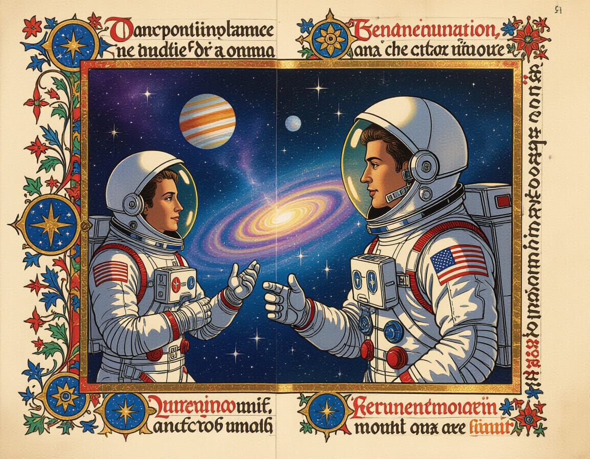 Medieval Illuminated Manuscript Page of Astronauts in Cosmos