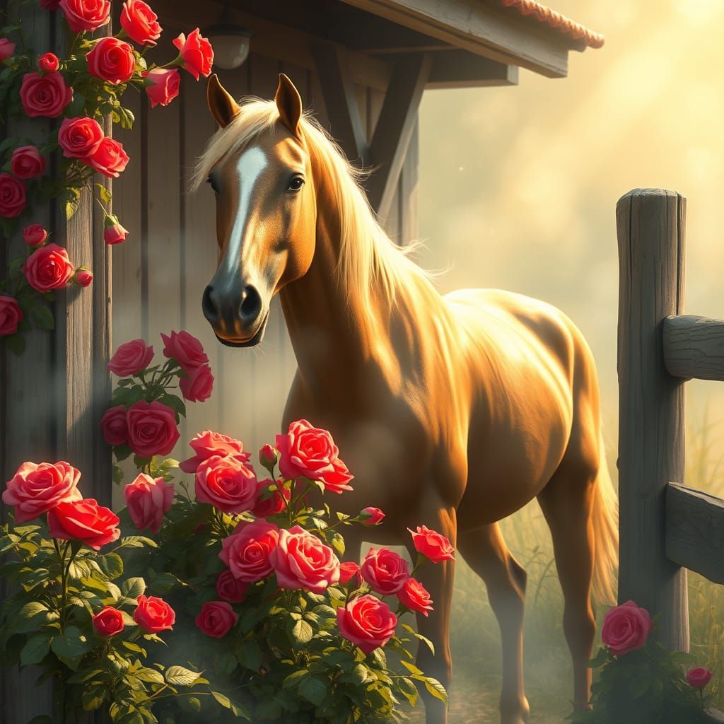 Majestic Horse in Enchanted Garden with Roses