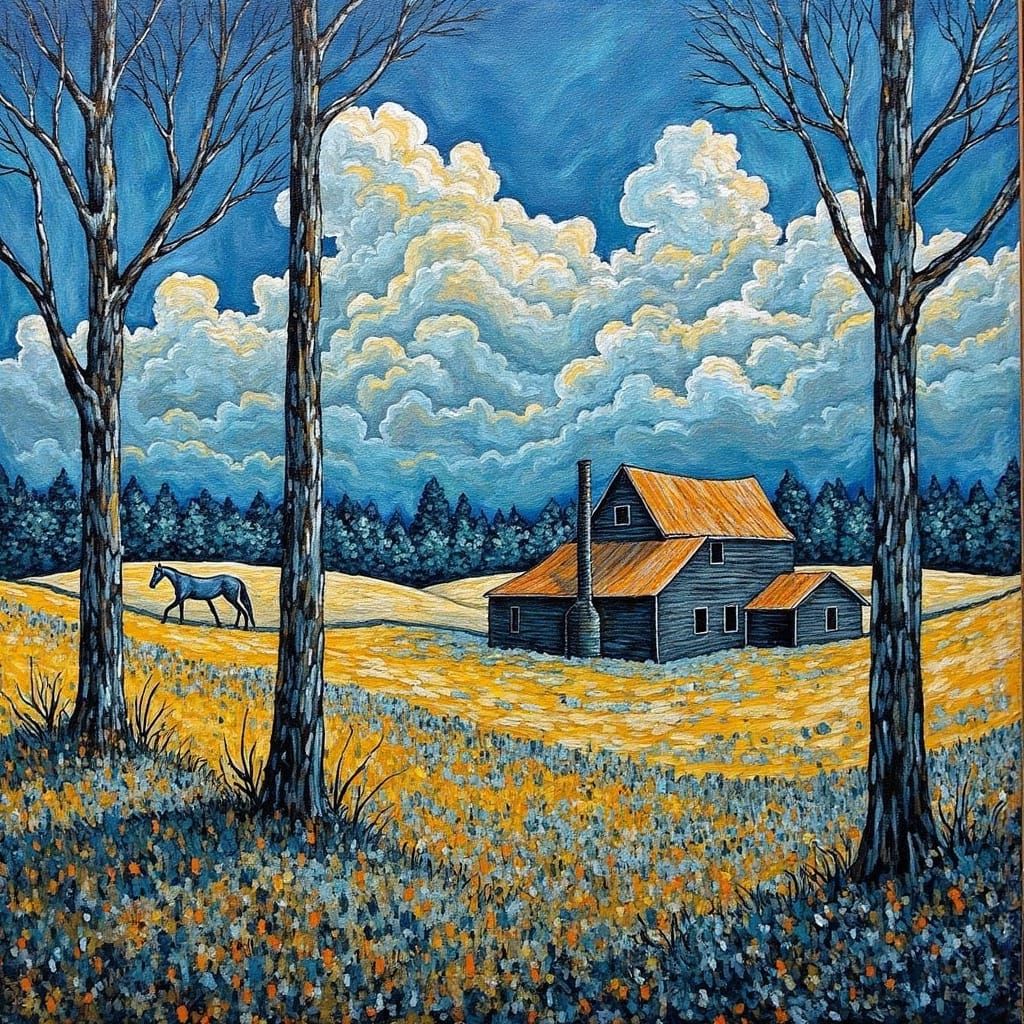 Mosaic Farm in Blue and Yellow, Abstract Fractal Art