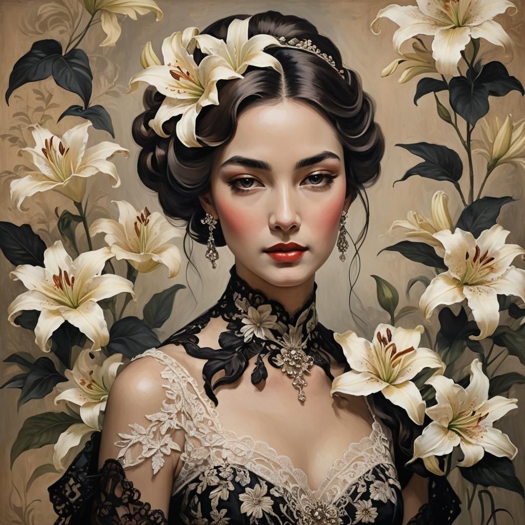 Elegant Lily Lady: Vintage Oil Painting Portrait