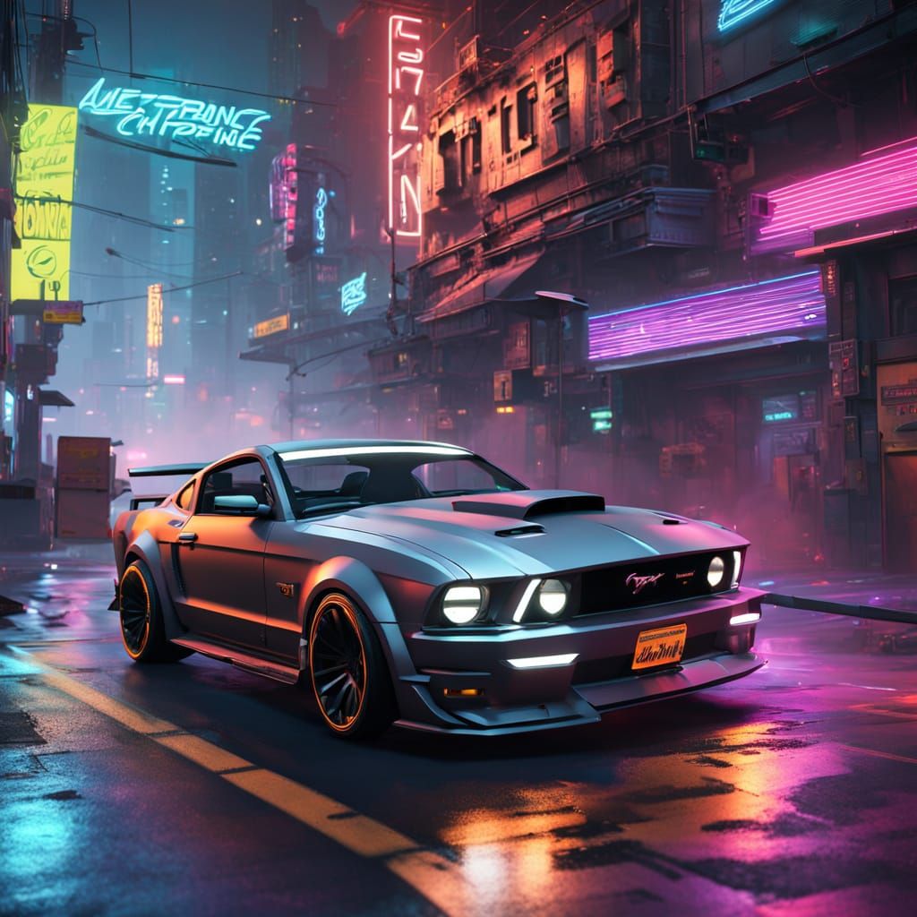 Cyberpunk Ford Mustang Drifts through a Neon-Lit Cityscape