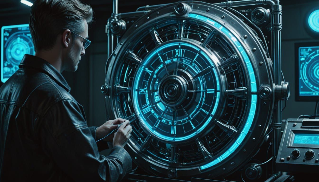 Operating a Time Machine Device in Hyper-Realistic Style