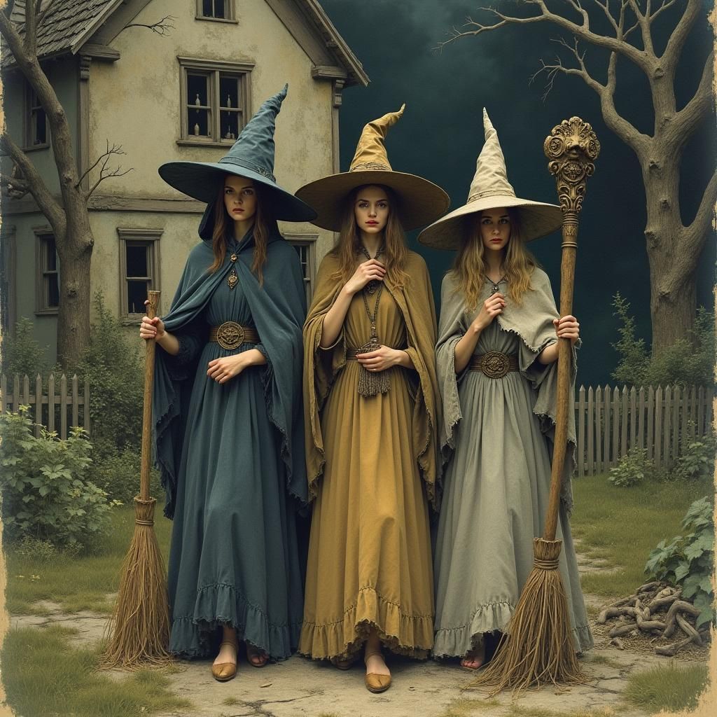 Witches Gather in Dark Forest: Vintage Watercolor Art