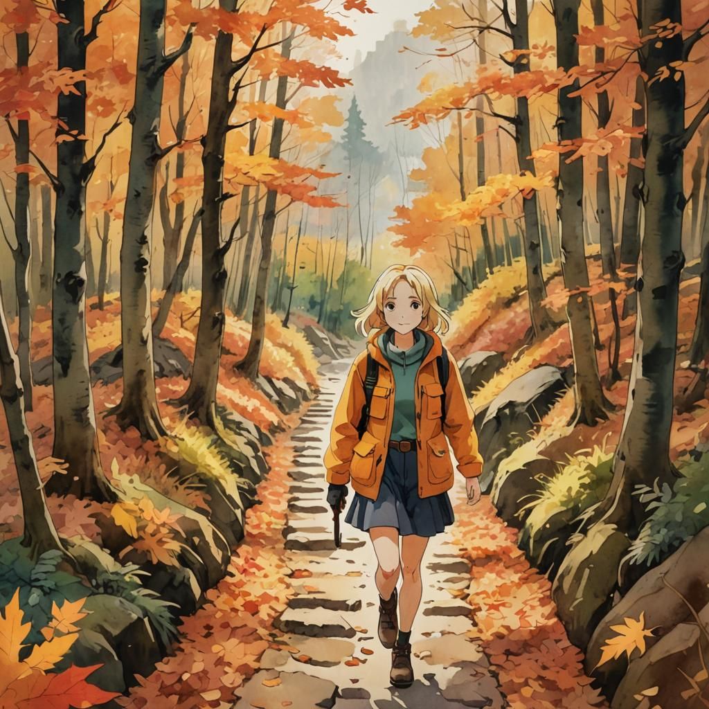 Anime Girl Hiking Through Autumn Woods