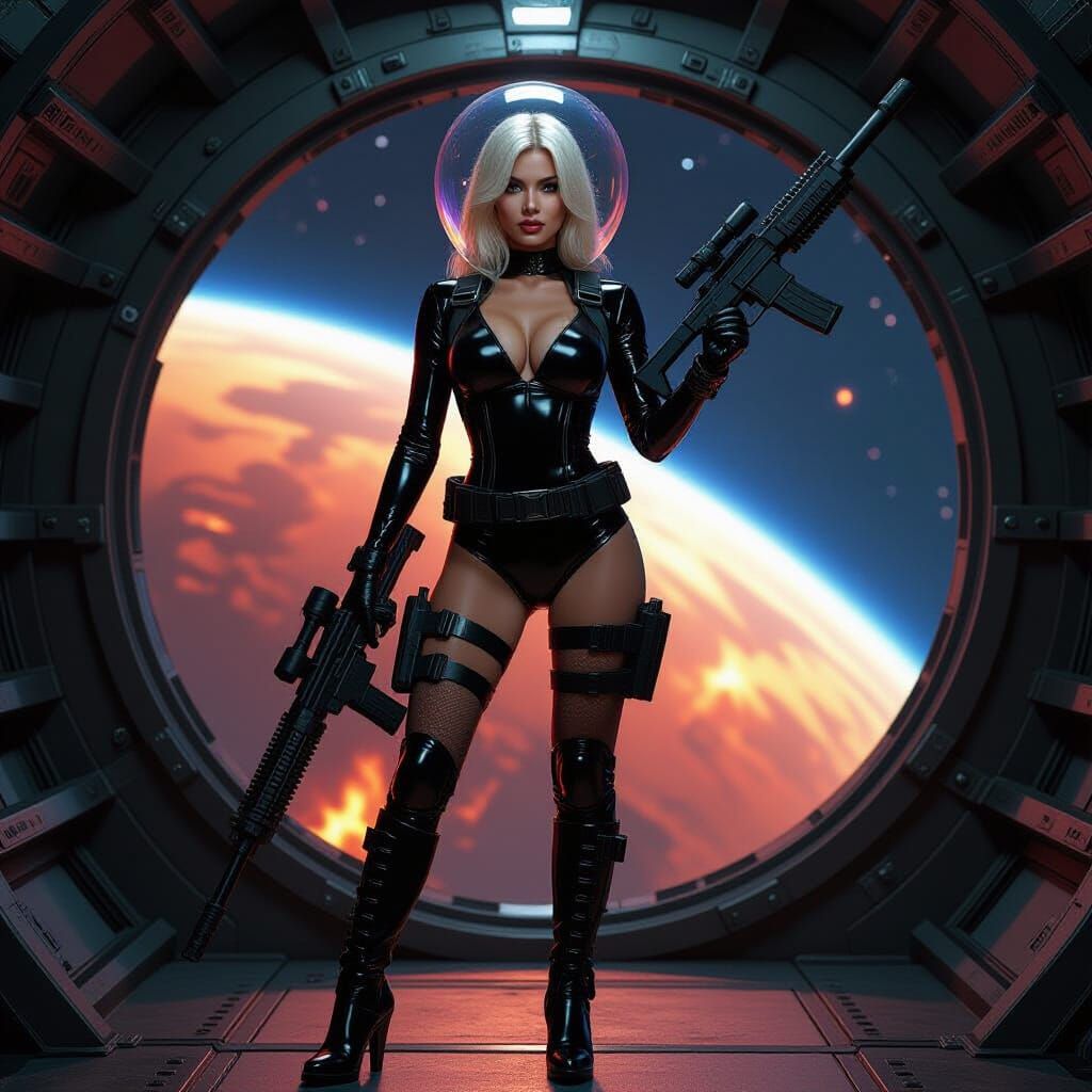 Female Space Commando in Cyberpunk Style Airlock