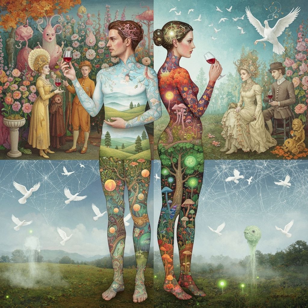 Surreal Garden Party in Bosch and Klimt Style