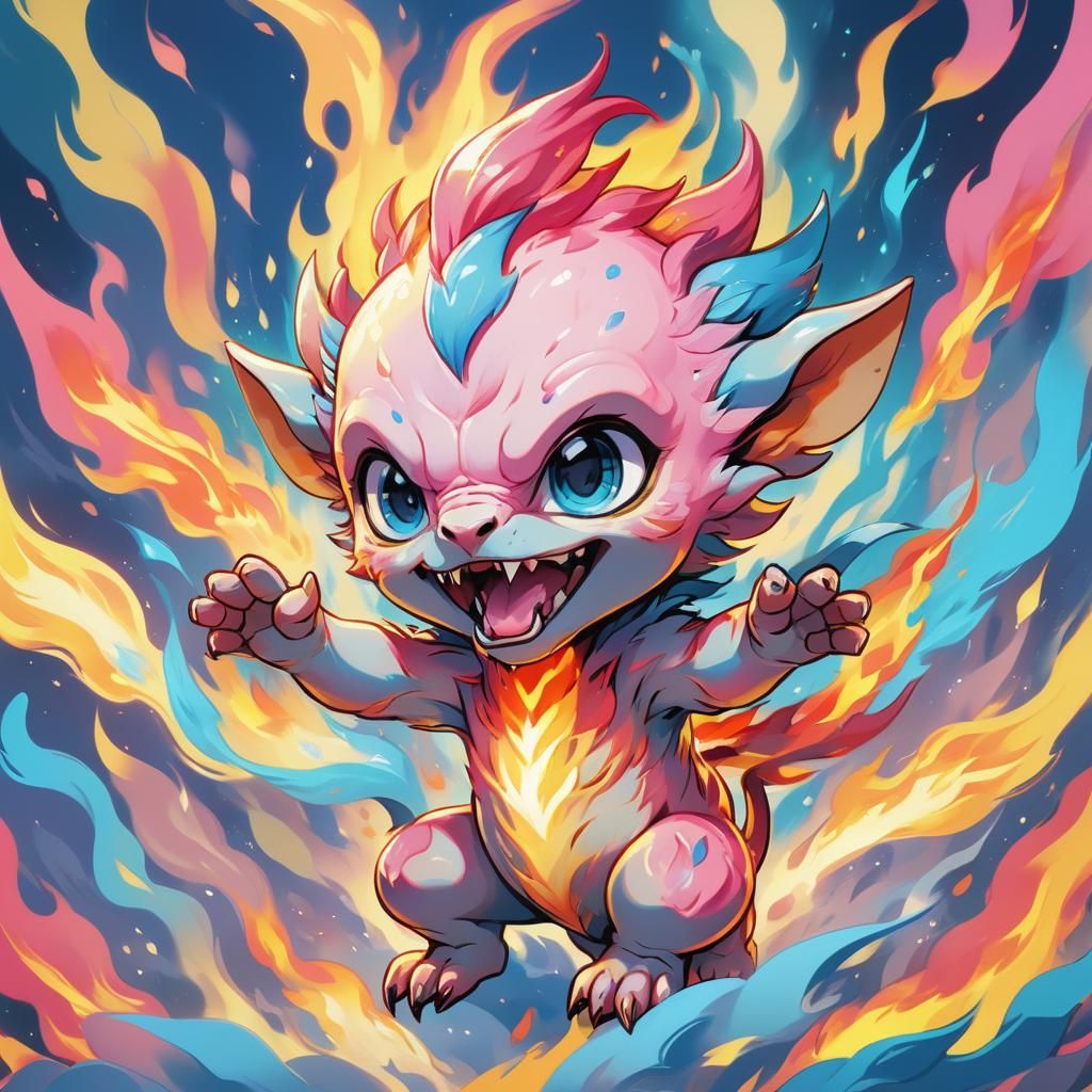Chibi Chimera Baby Spewing Flames in Anime Style