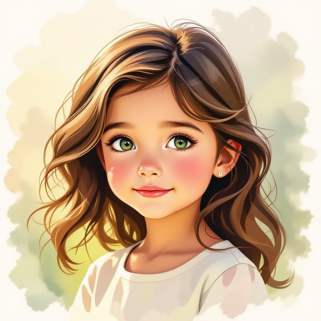 Beautiful Young Girl with Striking Eyes in Ethereal Watercol...